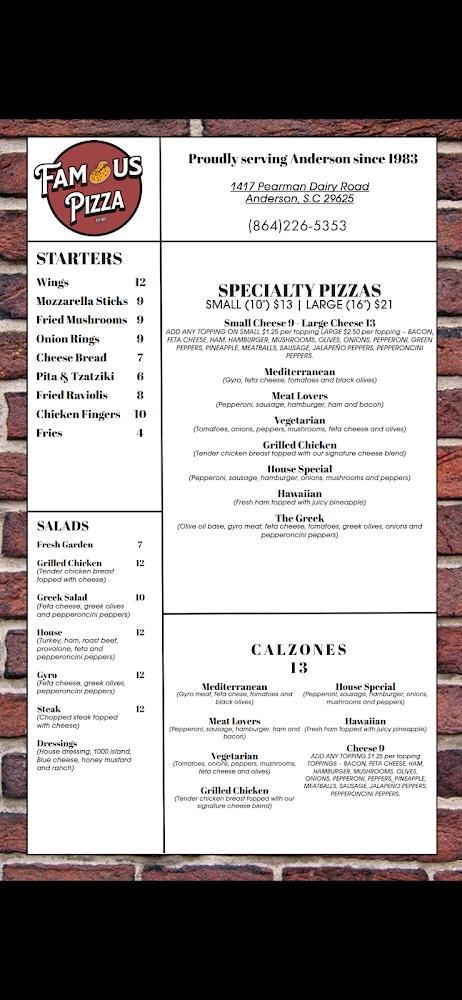 Famous Pizza & Restaurant Menu image 1